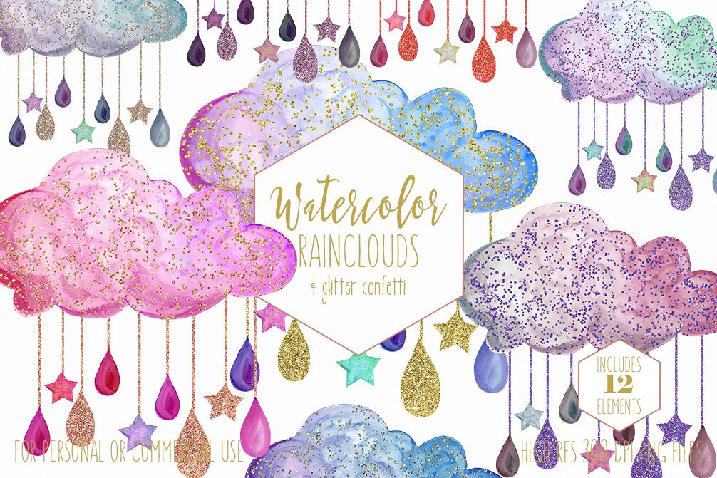 1006x671 Cute Rainbow Watercolor Rain Clouds Amp Rain Drops With Metallic - Glitter Watercolor
