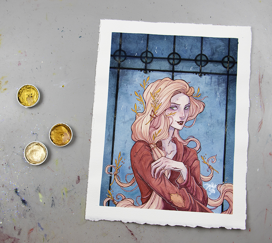 864x773 Gold Leaf Original Watercolor Painting Danica Sills Online - Gold Leaf Watercolor