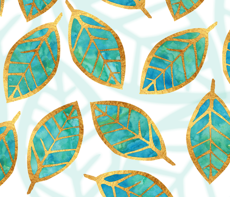 470x403 Teal And Gold Watercolor Leaves Giftwrap - Gold Leaf Watercolor