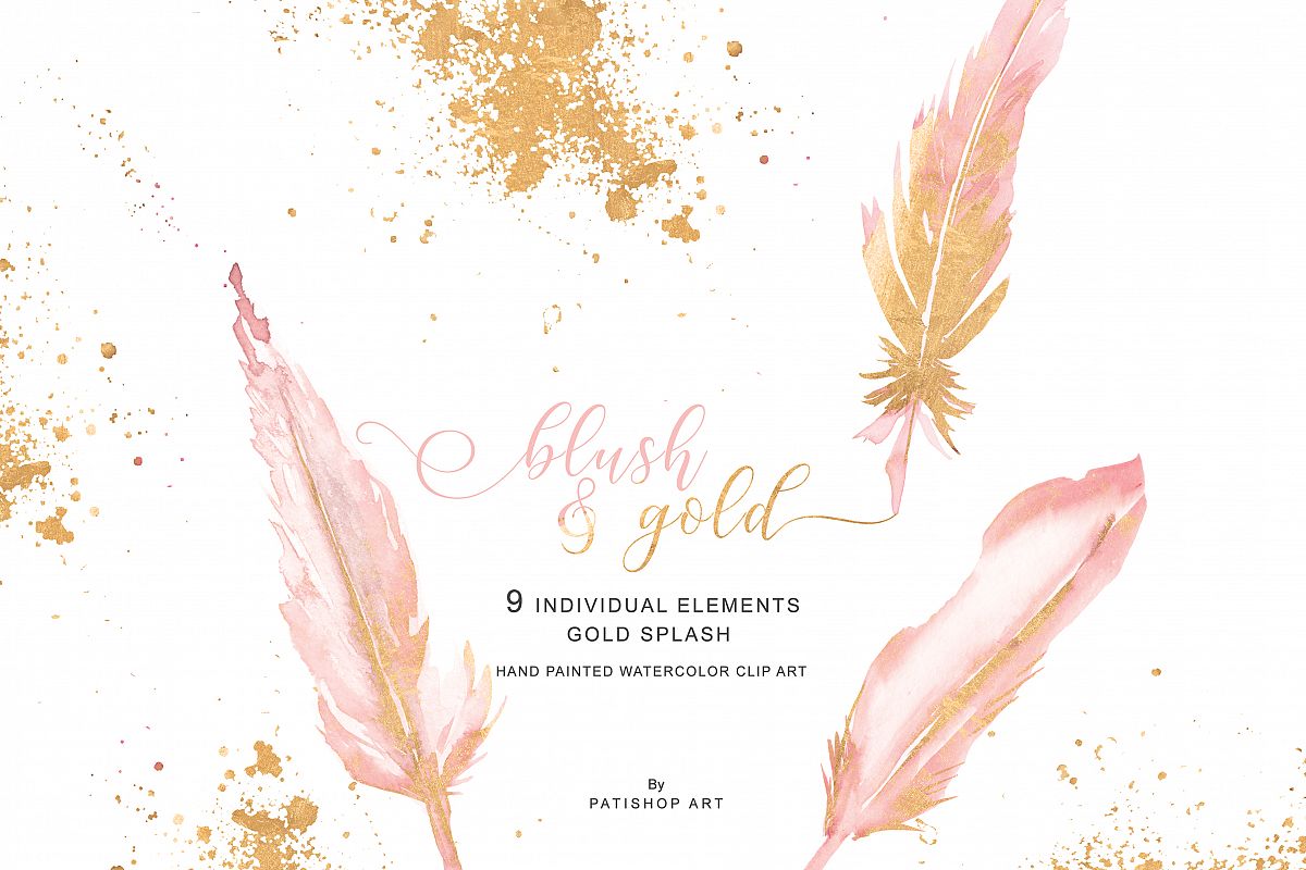 1200x800 Watercolor Blush Pink Gold Feather Clipart - Gold Watercolor