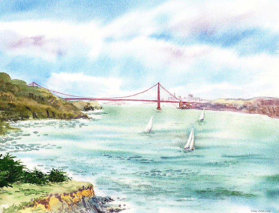 900x686 Golden Gate Bridge View From Point Bonita Painting By Irina Sztukowski - Golden Gate Bridge Watercolor
