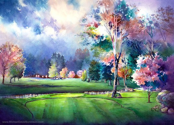 570x412 The Eighth Hole At Royal Oaks Golf Watercolor Painting Etsy - Golf Course Watercolor