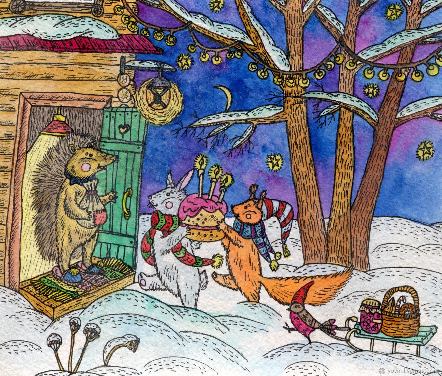 1500x1277 A Visit To The Hedgehog. A Good Christmas Watercolor Paintings - Good Watercolors