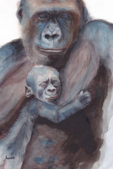 375x559 Gorilla Mother And Baby Painting By Anne Connell Saatchi Art - Gorilla Watercolor