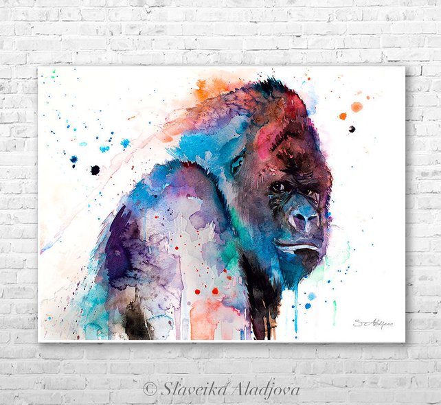 642x590 Western Gorilla Watercolor Painting Print By Slaveika Etsy - Gorilla Watercolor
