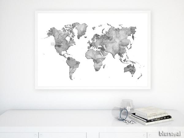600x450 Grayscale Watercolor Printable World Map, No Quote, Large 36x24 - Grayscale Watercolor