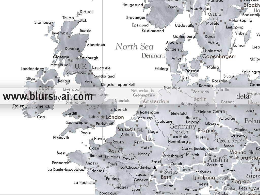 1024x768 Personalized World Map Print - Grayscale Watercolor