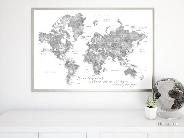 600x451 The World Is A Book, Grayscale Watercolor Printable World Map - Grayscale Watercolor