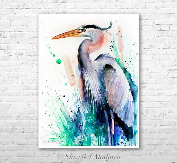 570x524 Great Blue Heron Watercolor Painting Print By Slaveika - Great Blue Heron Watercolor
