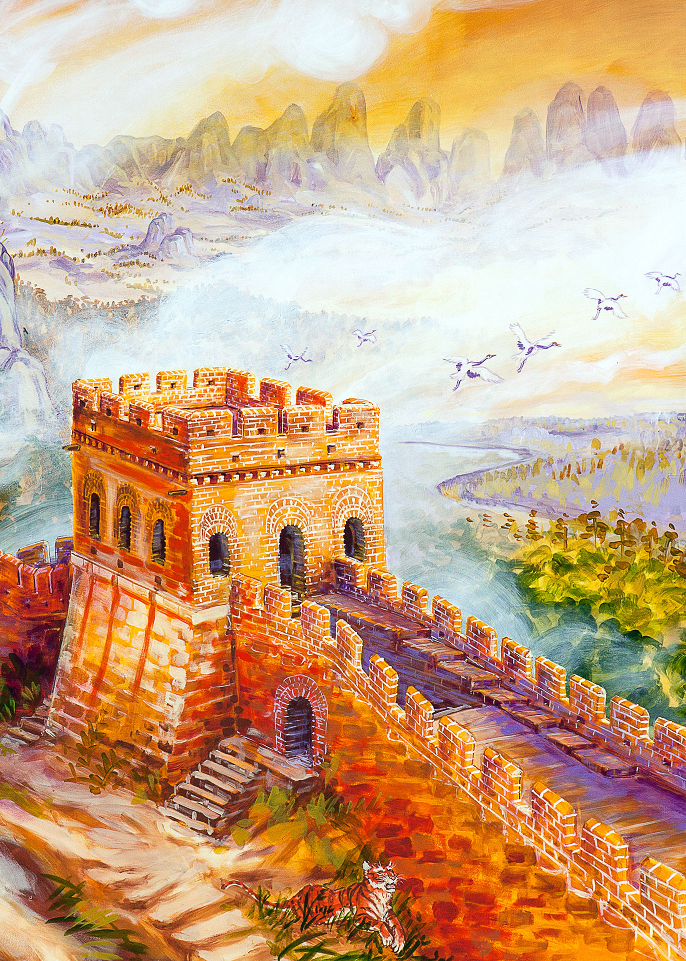 1371x1920 The Bridge To The Wall Finished Mural - Great Wall Of China Watercolor
