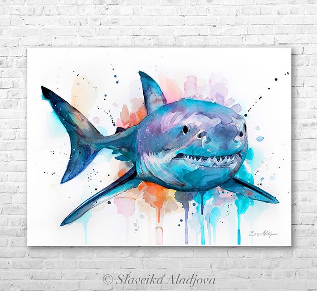 642x590 Great White Shark Watercolor Painting Print By Slaveika Etsy - Great White Shark Watercolor