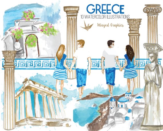 570x457 Greece Watercolor Handpainted Illustrations Clipart Set 10 Etsy - Greece Watercolor