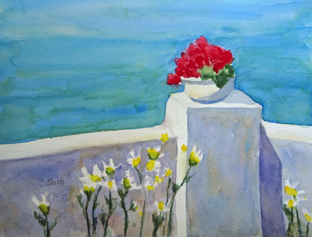 628x478 Santorini Greece Plein Air Watercolor Painting Carolyn - Greece Watercolor