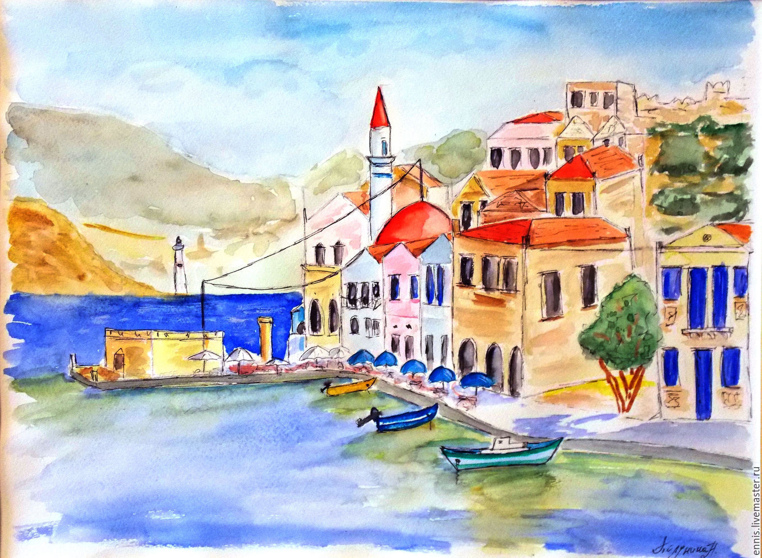 1500x1099 Watercolor Greece From The Series Colored Town Shop Online - Greece Watercolor