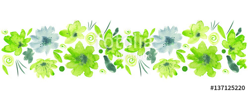 500x189 Green Watercolor Flowers Border. Leaves, Dots Spirals And - Green Watercolor Flowers