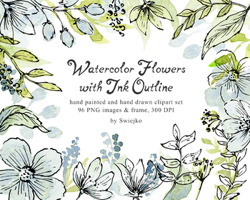 350x280 Soft Watercolor Flowers With Outline, Mint, Green, Blue By Swiejko - Green Watercolor Flowers