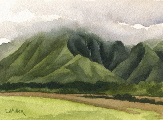 530x392 Mauka The Mountains Kauai Artwork By Emily Miller - Green Watercolor Painting