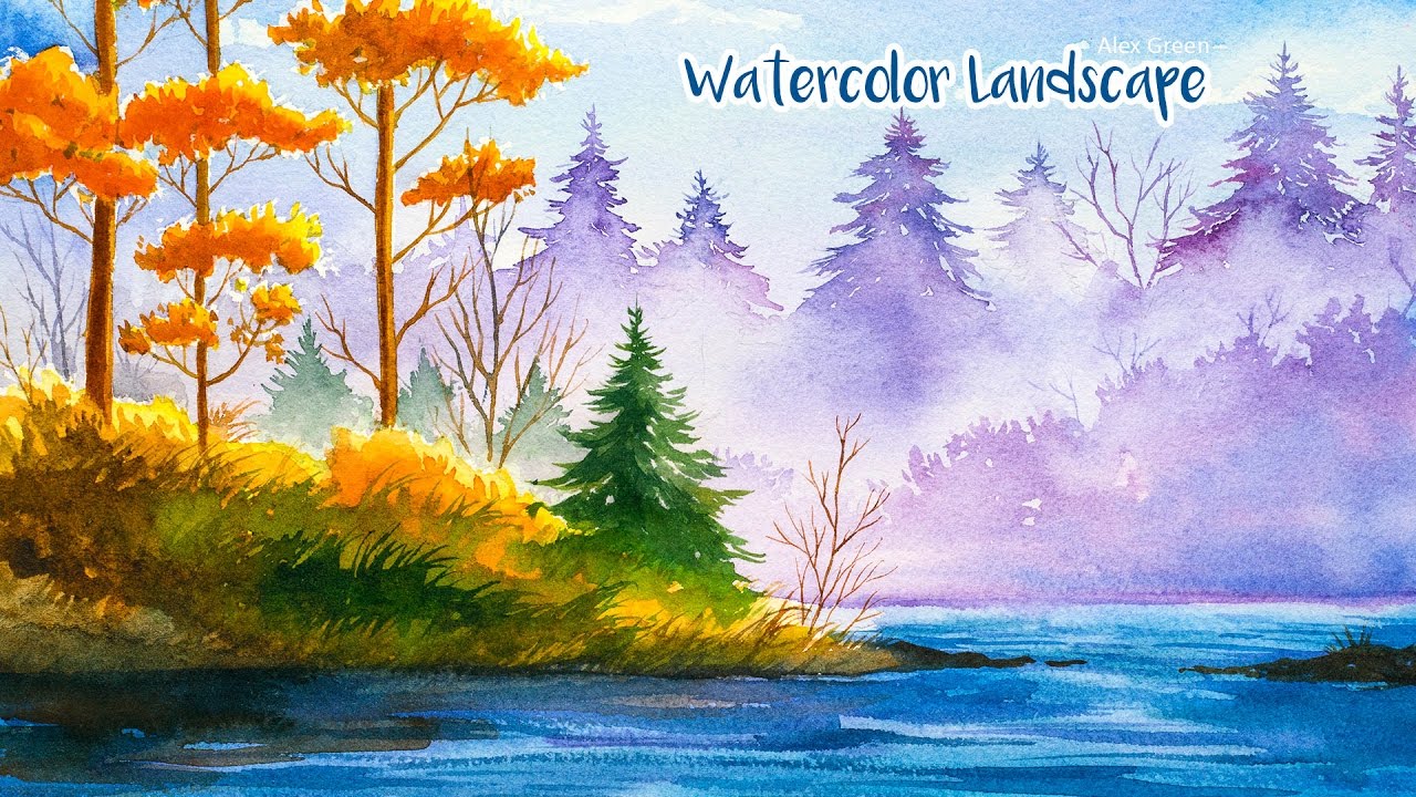 1280x720 Watercolor Autumn Landscape - Green Watercolor Painting