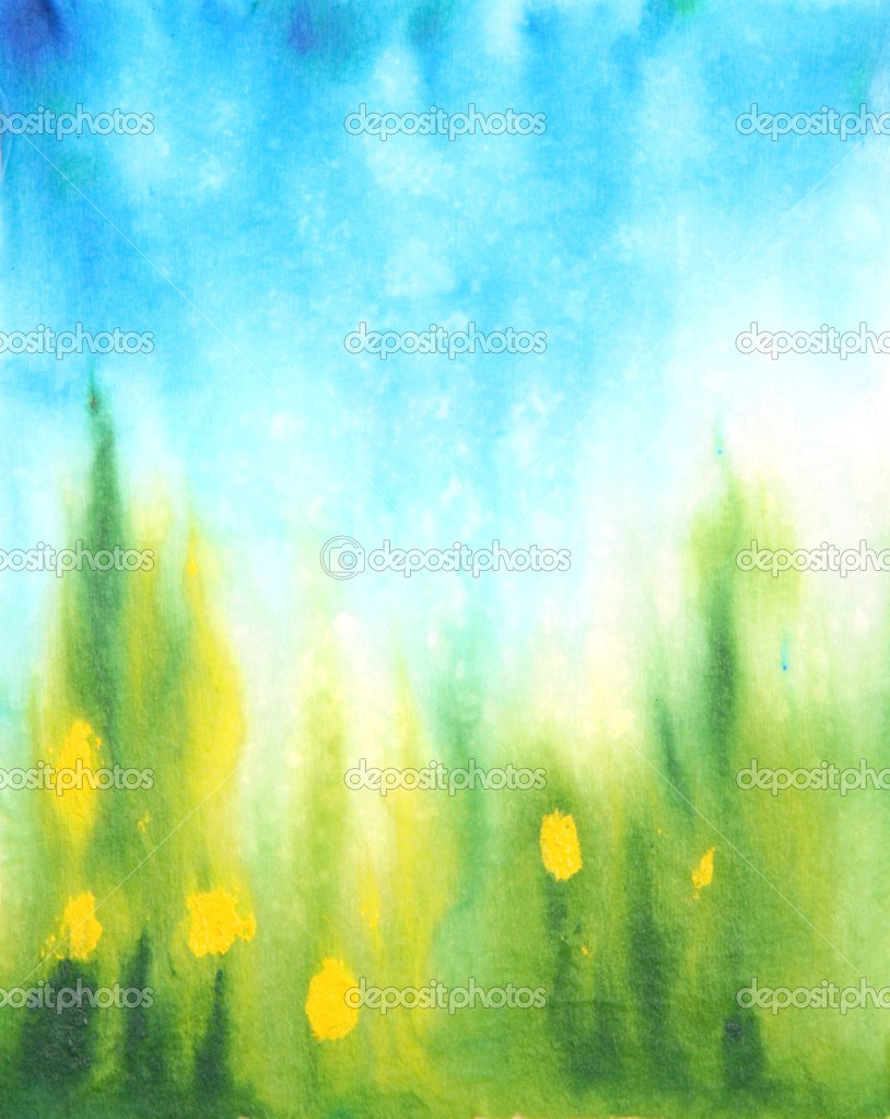 814x1023 Abstract Hand Drawn Watercolor Background Blue Sky, Green Grass - Green Yellow Watercolor
