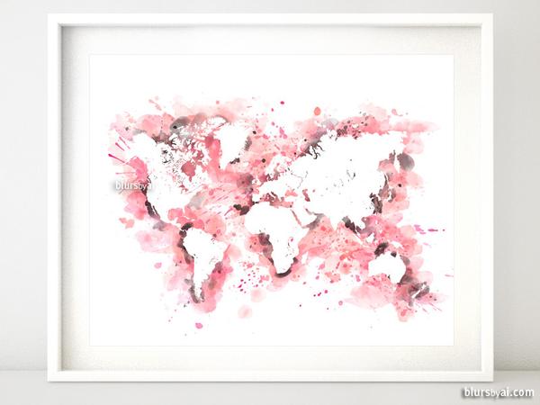 600x450 Light Pink And Grey Watercolor World Map In Distressed Strokes - Grey Watercolor