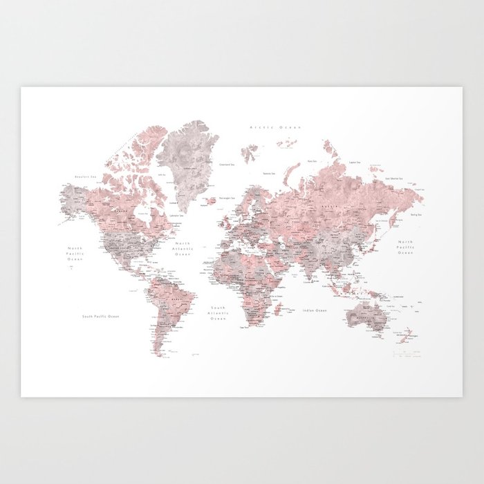 700x700 Dusty Pink And Grey Detailed Watercolor World Map Art Print By - Grey Watercolor