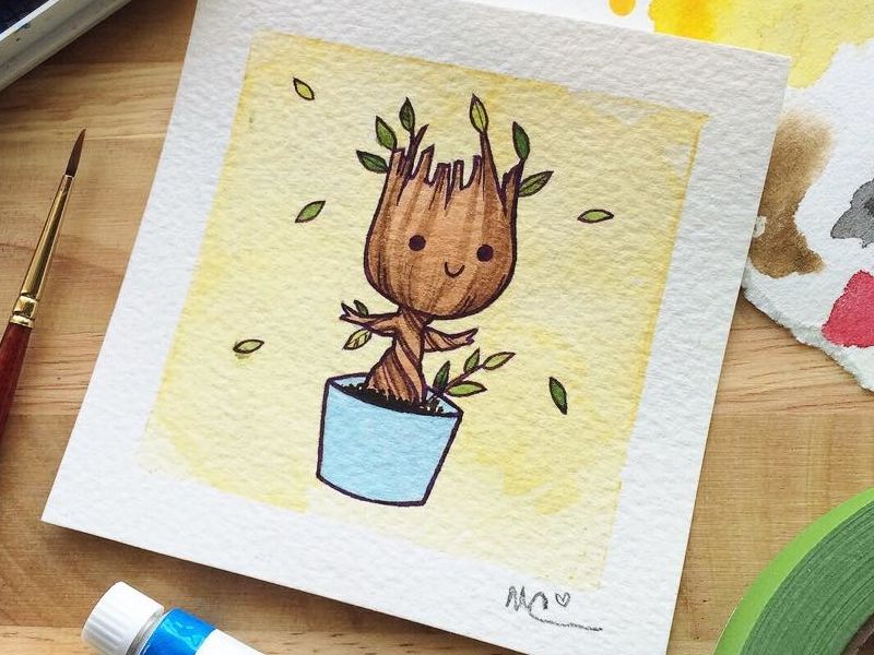 800x600 Baby Groot Watercolor Painting By Michelle Coffee By Michelle - Groot Watercolor