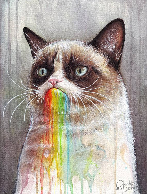570x753 Grumpy Cat Painting Watercolor Rainbow Cat Giclee Art Print Etsy - Grumpy Cat Watercolor