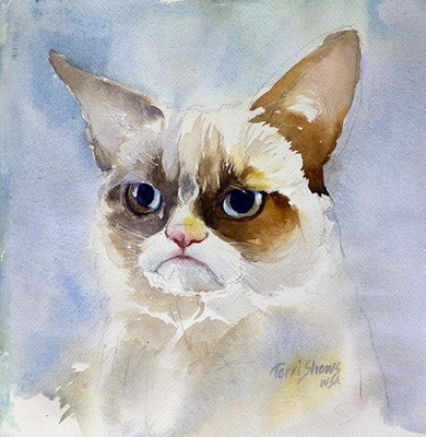 390x400 Grumpy Cat Watercolor Original Painting By Terri Shows - Grumpy Cat Watercolor
