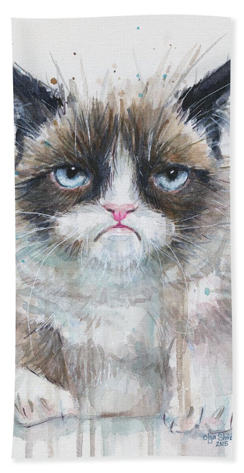 500x967 Grumpy Cat Watercolor Painting Beach Towel For Sale By Olga Shvartsur - Grumpy Cat Watercolor