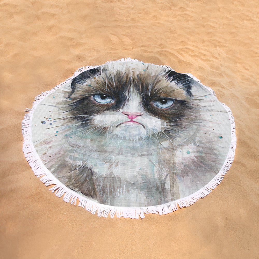 1000x1000 Grumpy Cat Watercolor Painting Round Beach Towel For Sale By Olga - Grumpy Cat Watercolor