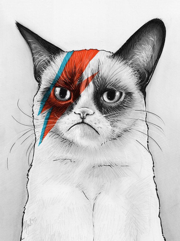 690x920 Grumpy Cat As David Bowie Grumpy Bowie, An Art Print By Olga - Grumpy Cat Watercolor