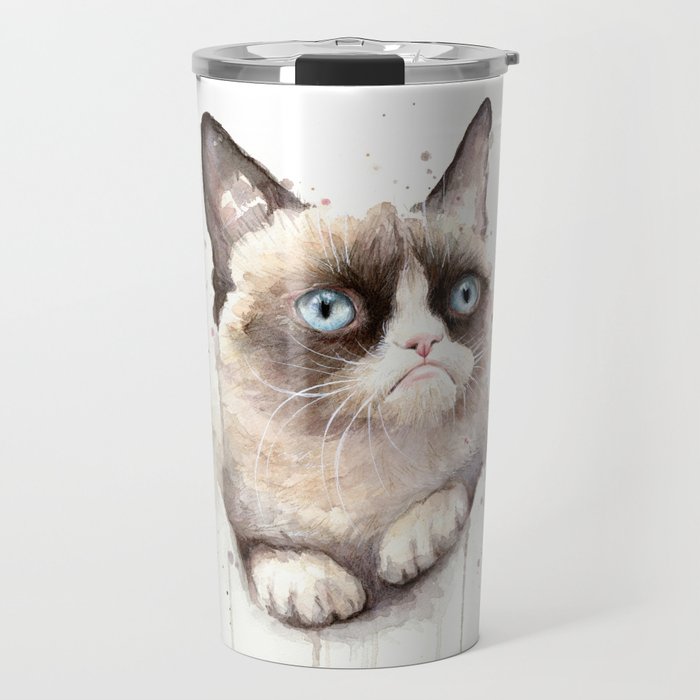 700x700 Grumpy Watercolor Cat Animals Meme Geek Art Travel Mug By Olechka - Grumpy Cat Watercolor