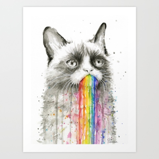 550x550 Watercolor Grumpy Cat Rainbow Art Print - Grumpy Cat Watercolor