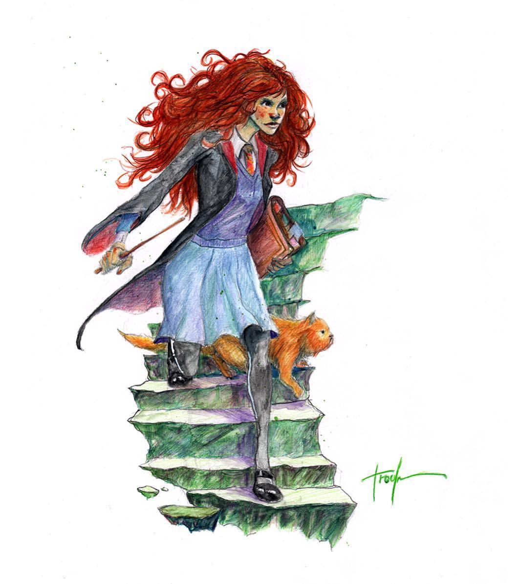 1064x1194 Rick Troula Hermione And Crookshanks On Watercolor! This One - Gryffindor Watercolor