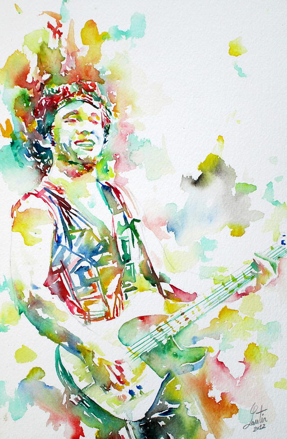 589x900 Bruce Springsteen Playing The Guitar Watercolor Portrait.2 - Guitar Watercolor