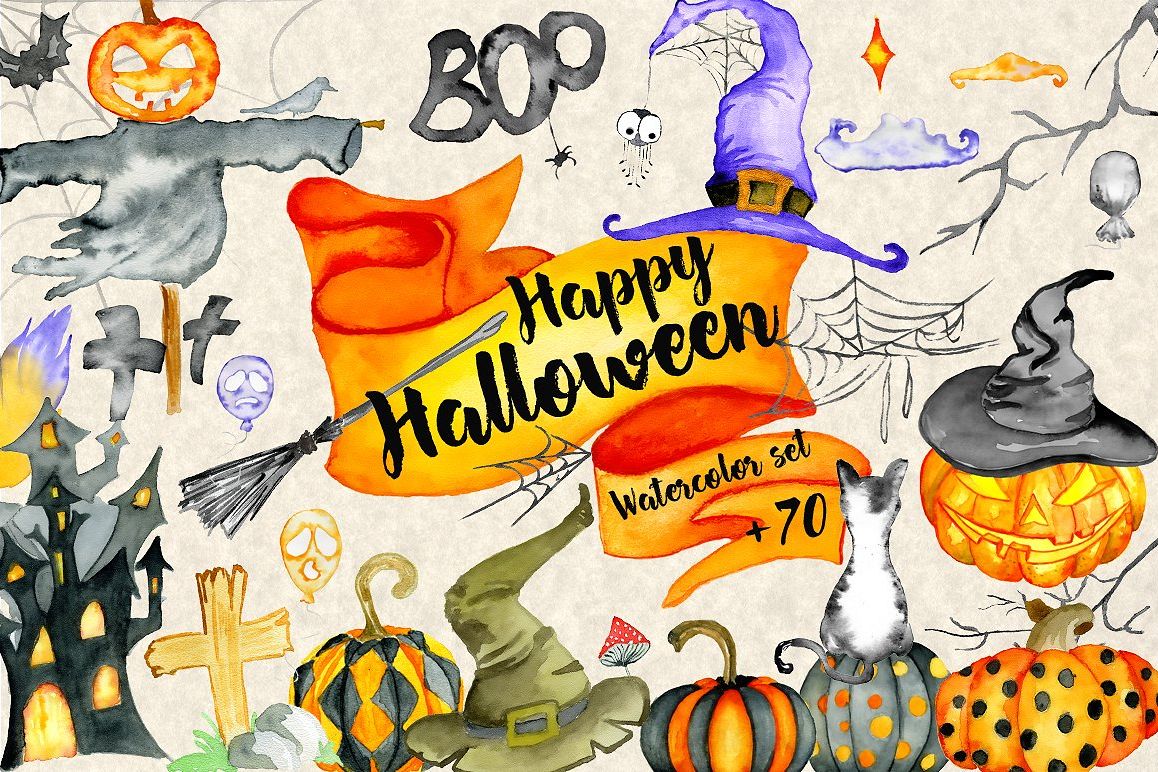1158x772 Happy Halloween Watercolor Set By Evgen Design Bundles - Halloween Watercolor