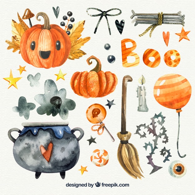 626x626 Pack Of Halloween Watercolor Elements Vector Free Download - Halloween Watercolor