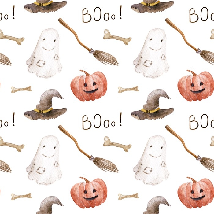 700x700 Watercolor Halloween Pattern On The White Background. Hand Drawn - Halloween Watercolor