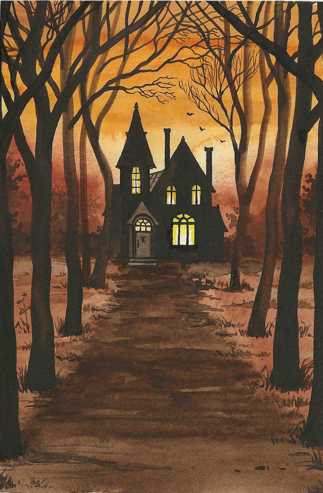 1049x1600 Haunted House Painting Awesome 8x10 Print Of Original Halloween - Halloween Watercolor Paintings