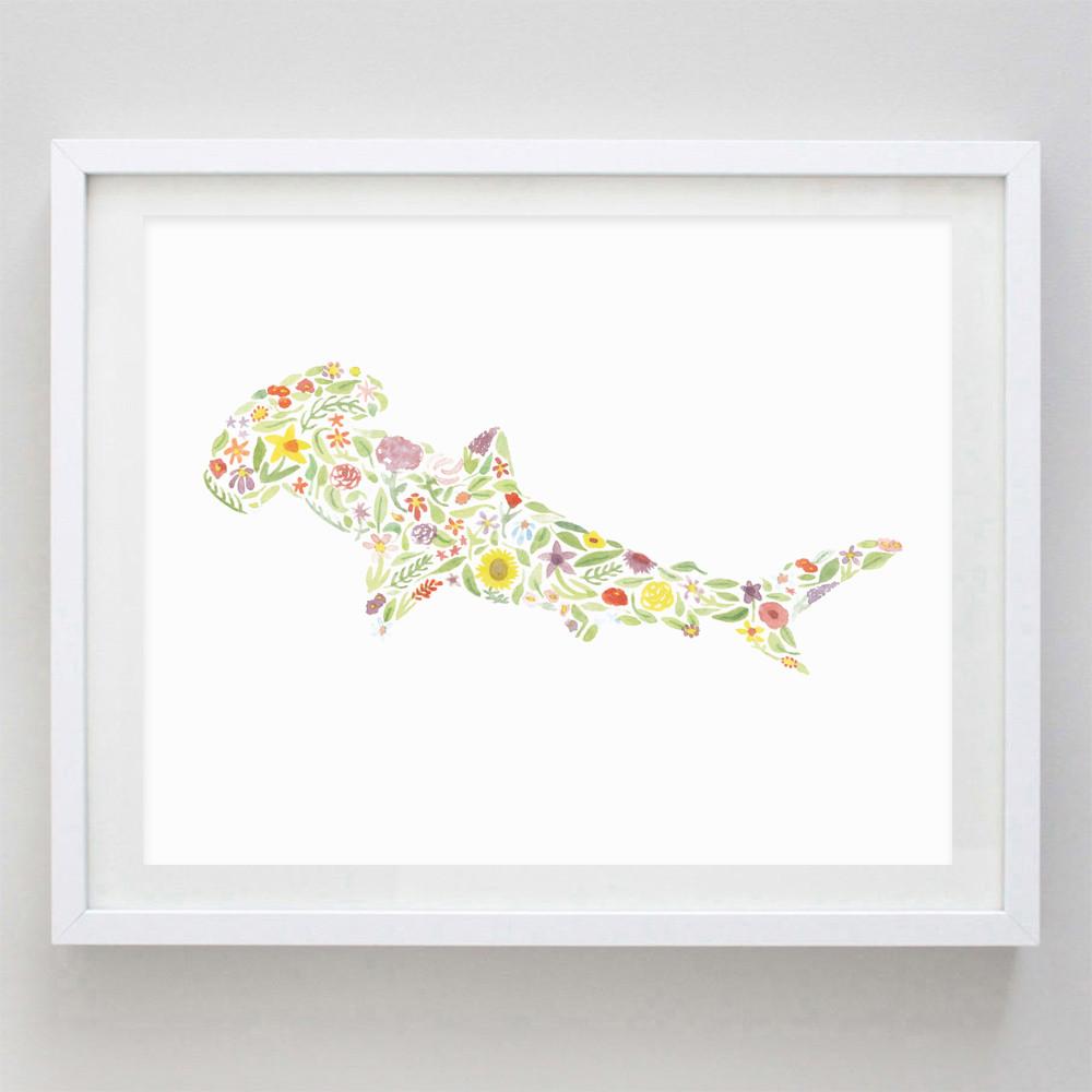 1000x1000 Hammerhead Shark Floral Watercolor Print Carly Rae Studio - Hammerhead Shark Watercolor