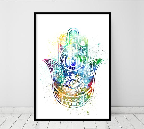600x537 Hamsa Hand Kabbalah Hand Watercolor Art Print Wall Art Poster - Hamsa Hand Watercolor