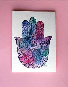 236x299 Watercolor Card, (No. 73), Zentangle Art Card, Zentangle Hamsa - Hamsa Hand Watercolor