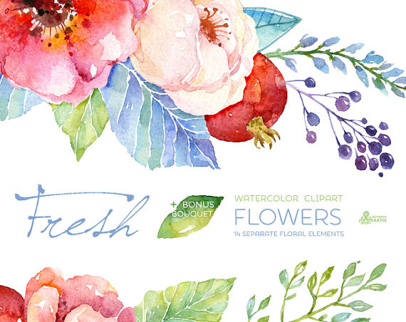 570x452 Fresh Flowers Clipart + Bouquet. Handpainted Watercolor, Wedding - Hand Painted Watercolor Greeting Cards