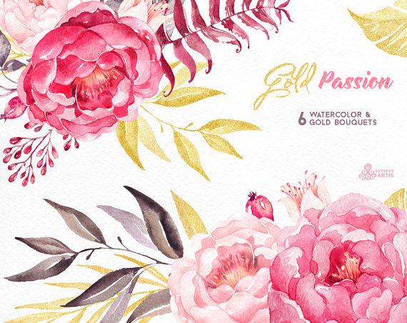 570x452 Gold Passion 6 Bouquets, Watercolor Hand Painted Clipart, Peonies - Hand Painted Watercolor Greeting Cards