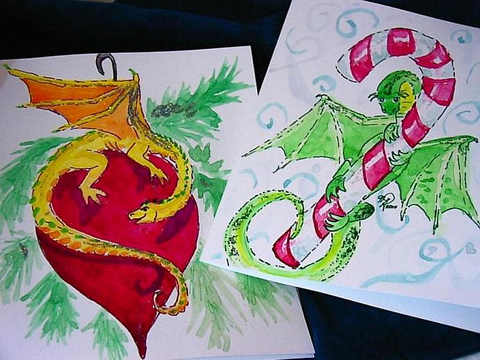 690x518 Handpainted Watercolor Christmas Dragons By Enchantedcraft On Zibbet - Hand Painted Watercolor Greeting Cards