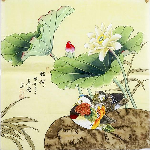 630x629 Hand Painted Chinese Art Calligraphy Watercolor Birds On A Lake - Hand Watercolor