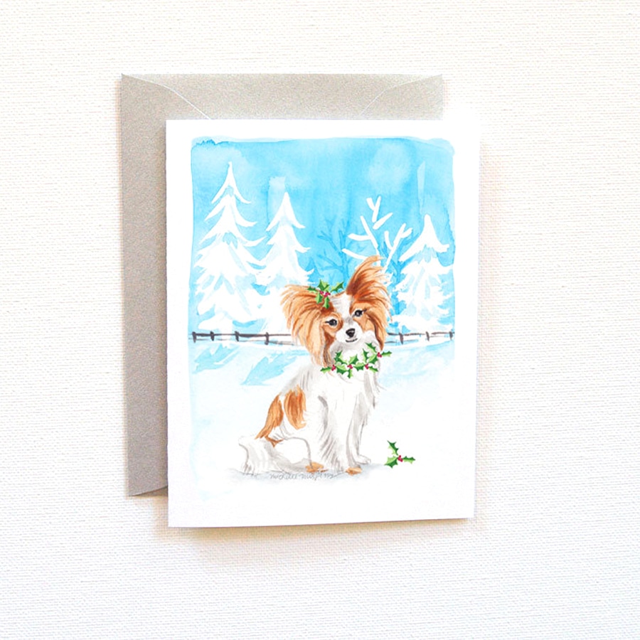 900x900 Papillon Dog Christmas Card Set Custom Watercolor Invitations - Handmade Watercolor Christmas Cards