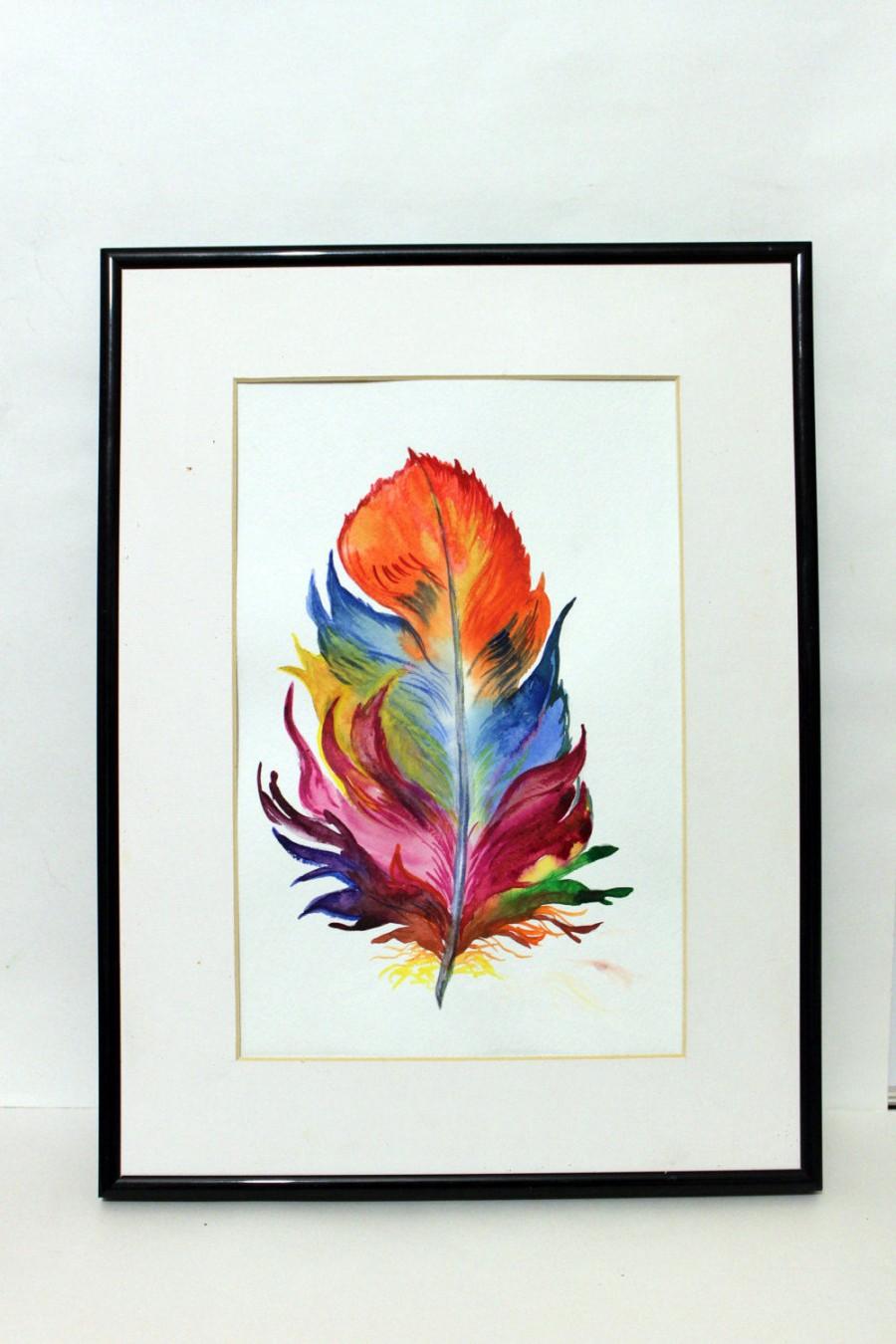 900x1350 Feather Original Watercolor Painting Handmade Colorful Home Decor - Handmade Watercolor Paint