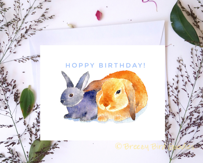 690x555 Loving Bunnies Birthday Card, Bunny By Breezy Bird Goodies On Zibbet - Happy Birthday Card Watercolor