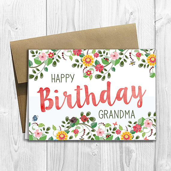 570x570 Printed Floral Watercolor Happy Birthday Grandma 5x7 Greeting Card - Happy Birthday Card Watercolor